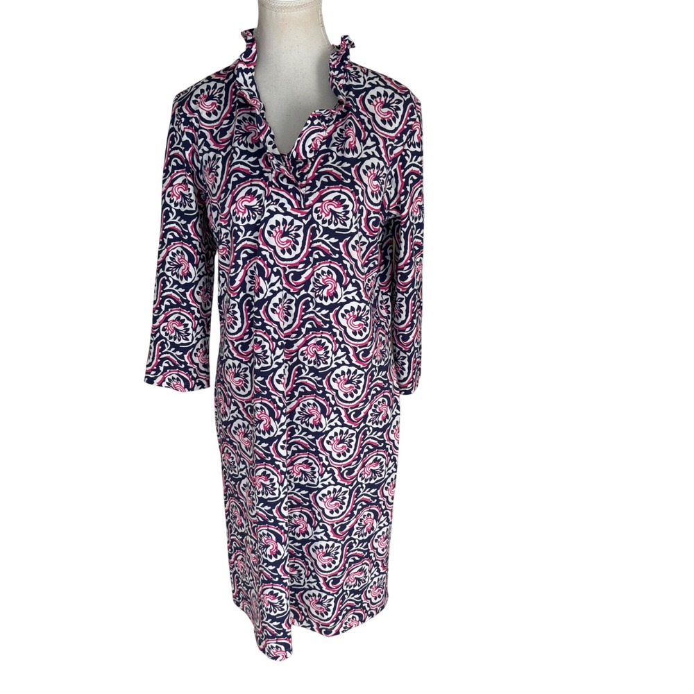 J. McLaughlin Agnetta‎ Geoprint Catalina Dress Size Large Ruffle Neck